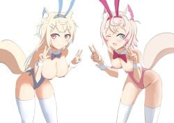 2girls angelchama blonde_female blonde_hair bowtie bunny_ears bunnysuit dog_ears dog_girl double_v fuwamoco fuwawa_abyssgard hair_ornament headband hololive hololive_english hololive_english_-advent- leggings mococo_abyssgard sisters streaked_hair tagme tail thighhighs thighs virtual_youtuber wink winking_at_viewer