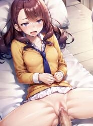 1boy 1girls ai_generated anal_sex blushing censored_genitalia classroom_of_the_elite cum_in_pussy drooling indigo_eyes laying_on_back laying_on_bed looking_at_partner looking_pleasured no_panties open_mouth orange_jacket pantiless pillow red_hair satou_maya_(cote) sweatdrop tie tongue_out white_shirt white_skirt youkoso_jitsuryoku_shijou_shugi_no_kyoushitsu_e