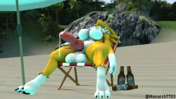 alcohol anthro bandai_namco beach beverage big_penis bodily_fluids closed_eyes cum cum_drip digimon digimon_(species) dripping genital_fluids gynomorph hi_res intersex monarch7703_(artist) nude outside renamon seaside solo