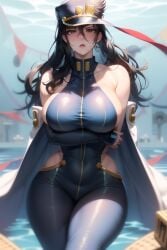 1girls ai_generated arms_under_breasts big_breasts black_hair blue breasts eyes fat_ass female female_jotaro hat human jojo's_bizarre_adventure jotaro_kujo light-skinned_female light_skin long_hair milf rule_63 shounen_jump sideboob stardust_crusaders