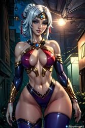 ai_generated big_hips blue_eyes breasts female female_only front_view lian_(paladins) medium_breasts paladins secret_room12 shiny_skin short_hair stable_diffusion white_hair