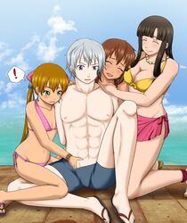 1boy 2013 3girls amy_(suisei_no_gargantia) black_hair brown_hair censored female imminent_oral ledo_(suisei_no_gargantia) male melty_(suisei_no_gargantia) orange_hair outside saaya_(suisei_no_gargantia) silver_hair suisei_no_gargantia