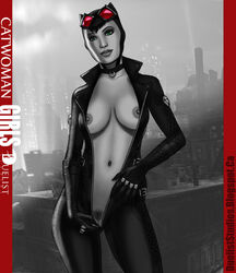 batman:_arkham_city batman_(series) bodysuit breasts catwoman city clothes color dc_comics duelist_studios eyewear female female_only goggles green_eyes human looking_at_viewer nipples open_clothes open_eyes outdoors pussy selina_kyle solo spot_color straight_hair vulva zakuman