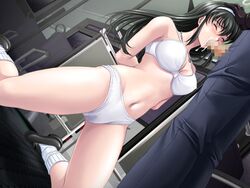 arms_behind_back black_hair bondage bra censored closed_eyes cum cum_in_mouth fellatio female game_cg hand_on_head lingerie long_hair oral panties penis rape ryoujoku_chikan_bus tears underwear