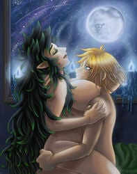 1boy 1girls american_dragon:_jake_long big_breasts blonde blonde_hair blue_eyes breasts candles chest_to_chest disney elf_ears enock erect_nipples eyeshadow female genderswap_(ftm) genderswap_(mtf) green_hair hair_grab hand_in_hair hand_on_butt hand_on_head hand_on_neck jake_long long_hair male moon nipples open_mouth pointy_ears rose_(huntsgirl) rough_sex rule_63 scratch_marks scratches scratching sex short_hair sitting sitting_on_lap smug smug_face smug_smile