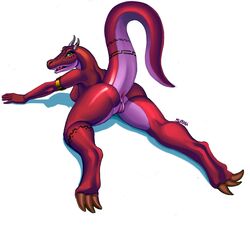 3_toes all_fours anthro anus armlet ass big_ass breasts claws female female_only green_eyes horn jewelry looking_at_viewer lying on_front presenting presenting_pussy pussy raised_tail red_skin scalie siyah solo tail tattoo teeth thick_thighs uncensored