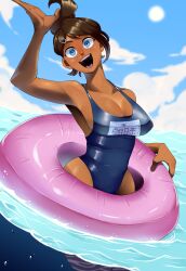 alternate_version_available asahina_aoi beach bikini breasts danganronpa danganronpa:_trigger_happy_havoc danganronpa_1 dark-skinned_female dark_skin innertube kinjero large_breasts straight_hair swimsuit tanned tanned_skin