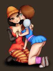 2girls ashley_spinelli black_hair blue_eyes brown_background brown_eyes brown_hair clothing disney dress female_only full_body glasses gretchen_grundler kneeling mickey-spectrum multiple_girls panties recess simple_background tagme yuri