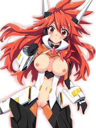 amou_kanade blush breasts brown_eyes clothing female human_female long_hair navel nipples pussy red_hair senki_zesshou_symphogear shinji_(udonteishoku) solo uncensored