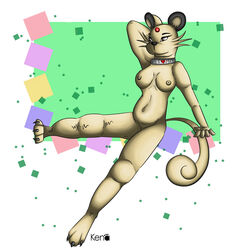 1girls anthro breasts color exposed_breasts female female_only fur furry furry_only furry_tail kena nude persian pokemon pose posing pussy round_ears sitting solo tail text