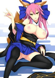 animal_ears bare_shoulders black_legwear bow breasts cleavage dean detached_sleeves fate/extra fate/stay_night fate_(series) female fox_ears fox_tail hair_ribbon hairbow highres japanese_clothes large_breasts legs long_legs nipples pink_hair pussy pussy_juice ribbon sitting smile solo spread_legs tail tamamo_no_mae_(fate) thighhighs thighs tied_hair twintails yellow_eyes