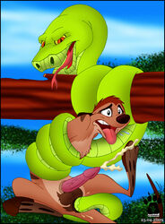 2009 ambiguous_gender anal anal_insertion anal_penetration anthro atimon cum disney furry green_body green_skin interspecies male male/ambiguous mammal meerkat outdoors outside penis rape reptile restrained snake tagme tail_sex testicles the_lion_king timon