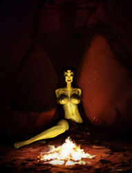 1girls 2d aku areola bare_shoulders barefoot beauty_mark big_breasts black_hair breasts breasts_out brown_eyes color colored darren_geers female female_only green_skin ikra large_breasts lips looking_at_viewer male_pov mole navel nipples perky_breasts pose pov presenting_breasts rule_63 samurai_jack sitting smile solo solo_focus topless