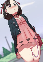 1girls black_hair blush bottomless choker cleavage clothed dress drooling gaiidraws game_freak human human_only innie_pussy leather_jacket marnie_(pokemon) nintendo outdoors pink_dress pokemon pokemon_ss pussy_juice pussy_juice_drip smooth_skin solo vagina vibrator vibrator_in_pussy vibrator_under_clothes