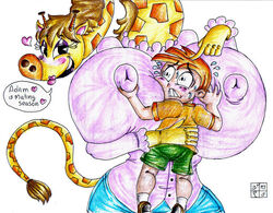 adam_lyon anthro blush breasts brown_hair cartoon_network dxoz english_text female female_focus furry giraffe heart holding_nipples human implied_sex ingrid_giraffe large_breasts long_hair male male_human/female_anthro male_only my_gym_partner's_a_monkey nipple_bulge red_hair short_hair sweat sweating tagme text tight_clothing yellow_fur