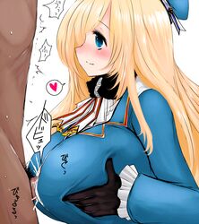 atago_(kantai_collection) blonde_hair blue_eyes blush breasts clothed_female_nude_male cum dark-skinned_male female gloves han_(jackpot) hat heart huge_breasts kantai_collection long_hair male military military_uniform paizuri perpendicular_paizuri smile solo_focus spoken_heart straight uniform