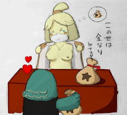 2d alternate_breast_size animal_crossing anthro artist_request breasts brewster_(animal_crossing) doubutsu_no_mori isabelle_(animal_crossing) master_(doubutsu_no_mori) nintendo nipples office_lady shizue_(doubutsu_no_mori) tagme