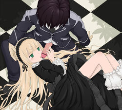 bangs black_hair blonde_hair bloomers bloomers_(victorian) bloomers_pull blunt_bangs blush censored checkered checkered_floor dress female from_above gosick gothic_lolita green_eyes hairband highres lolita_fashion lolita_hairband long_hair lying on_side penis sitting underwear victorica_de_blois zaka-mundo