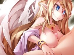 angel angel_wings blonde_hair blue_eyes bracelet female frfr ilias male monster_girl_quest paizuri straight wings