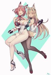 2girls black_gloves black_pantyhose blonde_hair bowtie breasts cleavage_cutout core_crystal elbow_gloves fox_ears fox_tail gloves high_heels highleg highleg_leotard holding_hands large_breasts leotard long_hair mythra nintendo pantyhose pen_(steelleets) pyra red_eyes red_hair red_high_heels red_leotard short_hair thigh_strap tiara white_gloves white_high_heels white_leotard white_pantyhose xenoblade_(series) xenoblade_chronicles_2 yellow_eyes