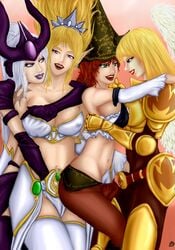 4girls alternate_eye_color blonde_hair blue_eyes female female_only green_eyes janna_windforce kayle league_of_legends miss_fortune multiple_girls old_character_design red_hair riot_games simple_background syndra tagme tipodeincognito white_hair yuri