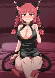 1girls bed bedroom blush boob_window cat_ears cat_tail china_dress chinese_clothes chups fully_clothed large_breasts red_eyes red_hair red_underwear rin_kaenbyou sole_female touhou twintails