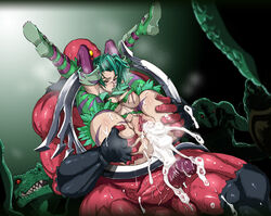 astaroth_(soul_calibur) breasts butcha-u censored cum cum_drip cum_inside elbow_gloves eroquis gloves green_hair pussy soul_calibur sweat thighhighs tira_(soulcalibur)