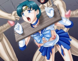 all_fours ami_mizuno apple_pie_(artist) bent_over bishoujo_senshi_sailor_moon blush bondage breasts censored choker clothed_sex clothing doggy_style female from_behind human male medium_breasts nipples pillory rape sailor_mercury skirt stocks straight tears torn_clothes