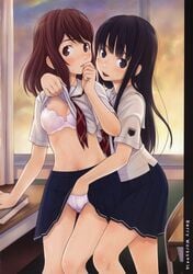 2girls black_eyes black_hair blush bra brown_eyes brown_hair classroom face female fingering futami_eriko ha-ru hand_in_another's_panties hand_in_panties highres hoshino_yuumi kimi_kiss lingerie long_hair multiple_girls necktie panties pink_panties pussy_juice school_desk shirt_lift skirt skirt_lift underwear wet_panties yuri