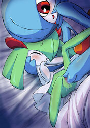 bed bite biting blue_hair blush censored closed_eyes doguu dripping dripping_pussy fingering flat_chest gardevoir green_hair kirlia mother_and_daughter no_breasts on_bed on_model pokémon_(species) pokemon pokemon_(species) pokemon_only pokemon_rse pussy_juice rape red_eyes shiny_pokemon small_breasts smile spread_legs tears