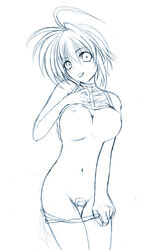 bandaid_on_pussy breasts hagane_soushi kagura_soushi lyrical_nanoha maebari mahou_shoujo_lyrical_nanoha mahou_shoujo_lyrical_nanoha_strikers monochrome nipples panties panty_pull rough_sketch shirt_lift short_hair sketch subaru_nakajima underwear