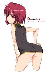 copyright_request looking_back no_panties oekaki onija_taro onija_tarou red_eyes red_hair short_dress short_hair