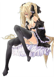 1girls black_cat_(series) blonde_hair bows breast_grab breasts collar dress eve_(black_cat) feet female frills gothic gothic_lolita lolita_fashion long_hair masturbation nipples orange_peels panties pantyshot red_eyes ribbon solo thighhighs tied_hair twintails very_long_hair