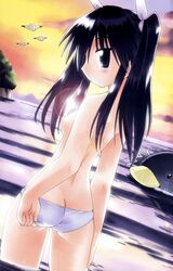 ass ayane_(nagasarete_airantou) black_hair breasts fujishiro_takeshi hair_ribbon highres long_hair looking_back monjirou nagasarete_airantou panties ribbon ribbons sunset swimsuit tied_hair topless twintails underwear water