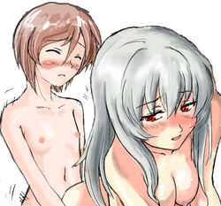 closed_eyes flat_chest long_hair nipples nude red_eyes rozen_maiden sex short_hair souseiseki suigintou sweat