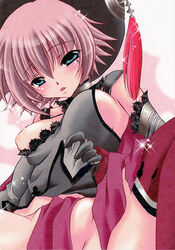 .hack .hack// .hack//g.u. blue_eyes blush eyebrows_visible_through_hair female large_breasts lifting_clothing no_panties open_mouth pink_hair shino_(.hack) short_hair solo