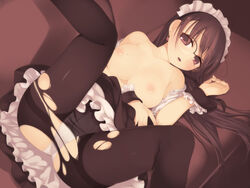 arima_senne breasts brown_hair female female_only glasses highres human kashiwamochi_yomogi large_breasts long_hair maid nipples original panties pantyhose red_eyes solo torn_clothes torn_pantyhose underwear