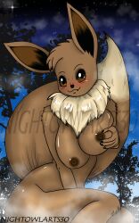 anthro big_breasts black_nose blush breasts brown_body brown_fur claws eevee female fur generation_1_pokemon multicolored_body multicolored_fur nightowlarts30 nintendo nipples pokemon pokemon_(species) smile tan_body tan_fur