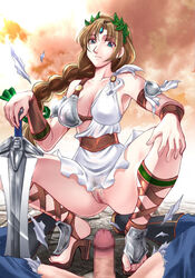 blue_eyes brown_hair censored clothes erection female high_heels human long_hair male milf msize no_panties penis shoes smile sophitia_alexandra soul_calibur squatting straight sword torn_clothes weapon