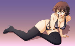 bikini boots breasts brown_hair cleavage erect_nipples glasses grey_eyes gundam gundam_00 lipstick shirin_bakhtiar short_hair swimsuit tadano_akira thigh_boots thighhighs