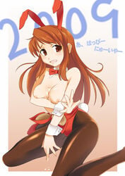 animal_ear asahina_mikuru breasts brown_eyes brown_hair bunny_ear bunny_tail bunnysuit cum cum_on_body cum_on_breasts cum_on_upper_body kneeling long_hair nipples painpa pantyhose suzumiya_haruhi_no_yuuutsu tail tears wrist_cuffs