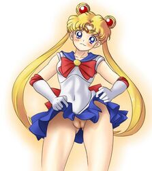 bishoujo_senshi_sailor_moon blonde_female blonde_hair blue_eyes blush female female_only gloves magical_girl no_panties pussy sailor_moon skirt skirt_lift solo straight_hair uncensored usagi_tsukino utilizator