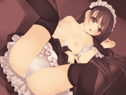 arima_senne breasts brown_hair female female_only glasses highres human kashiwamochi_yomogi large_breasts long_hair maid nipples original panties red_eyes solo thighhighs topless underwear