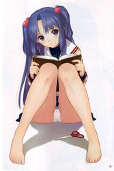 1girls barefoot bleed_through blue_hair book clannad clothing feet female female_only full_body hair_bobbles hair_ornament highres ichinose_kotomi long_hair panties pantyshot purple_eyes school_uniform scissors simple_background skirt smile solo straight_hair taka_tony tied_hair twintails underwear white_background