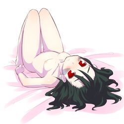 bed bed_sheet blush breasts cave_story flat_chest green_hair hirasato misery_(cave_story) nipples nude on_back red_eyes upside-down