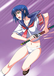 1girls armband blue_hair female female_only hair_ornament hairclip human inue_shinsuke katana kurogane_otome navel no_pants no_visible_genitalia panties scabbard school_uniform serafuku sheathed_sword solo speed_lines sword tsuyokiss underwear unsheathing weapon