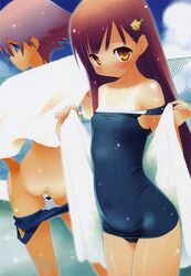 ass blue_eyes blush bottomless brown_hair flat_chest gayarou hair_ornament hairclip highres long_hair one-piece_swimsuit school_swimsuit short_hair swimsuit tan tanline towel yellow_eyes