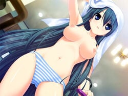 armpits blurry blush breasts collarbone crutch depth_of_field dutch_angle female from_below fumio fumio_(ura_fmo) game_cg green_hair hoshiuta kinoshita_midori long_hair navel nipples panties purple_eyes ribbon ribbons solo standing striped striped_panties topless towel underwear underwear_only very_long_hair