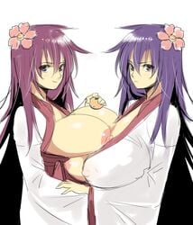 breast_rest breasts copyright_request huge_breasts japanese_clothes kimono long_hair nipples poporon purple_hair