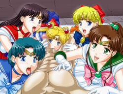 5girls ami_mizuno apple_pie_(artist) bishoujo_senshi_sailor_moon blonde_hair blue_eyes blue_hair blush bow brown_hair censored clothing collaborative_fellatio faceless_male fellatio female green_eyes harem human makoto_kino male minako_aino multiple_girls oral_sex pov rei_hino sailor_jupiter sailor_mars sailor_mercury sailor_moon sailor_venus skirt straight teamwork usagi_tsukino white_gloves